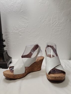 Born White Leather Cork Wedge Sandals with Crisscross Straps